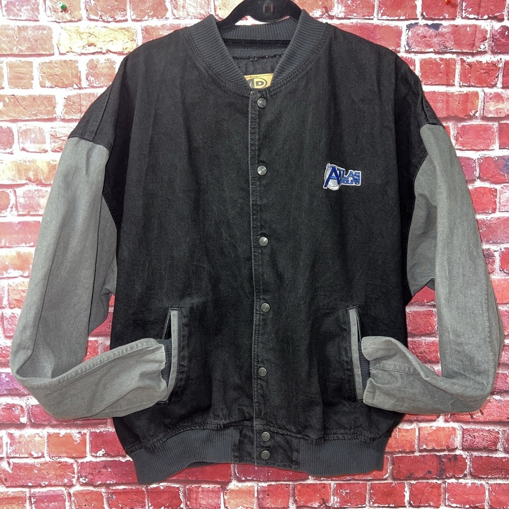 Vintage ID Wear Atlas Sound Denim Varsity Jacket Mens XL Black Grey Made Canada